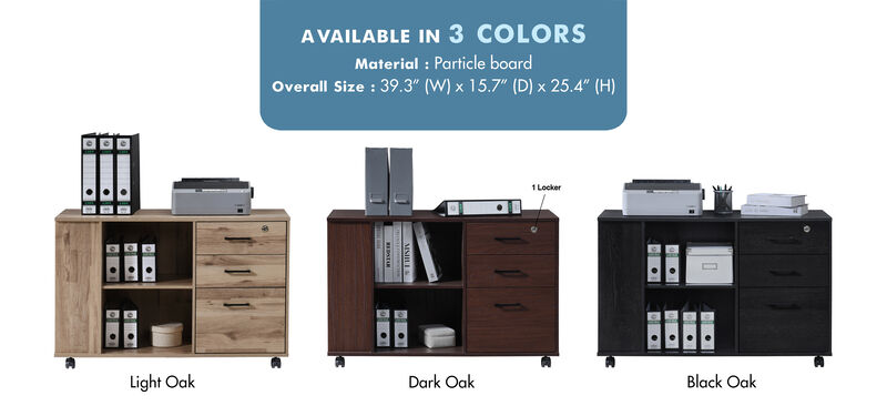 3-Drawer 39in. W Rolling Lateral File Cabinet with Locker and Open Storage Shelves for Home Office and Kids Room