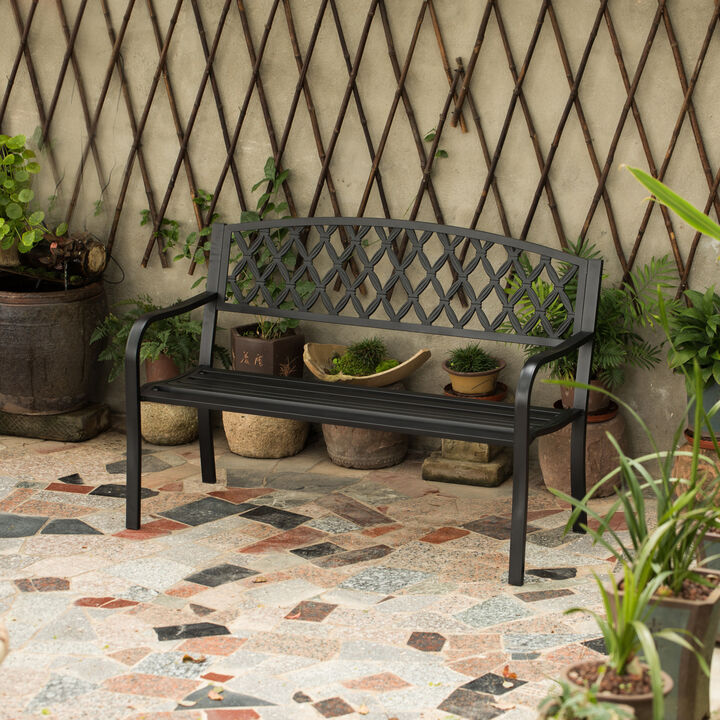 Gardenised Black Outdoor Garden Patio Steel Park Bench Lawn Decor with Cast Iron Back Seating bench, with Backrest and Armrest for Yard, Patio, Garden, Balcony, and Deck