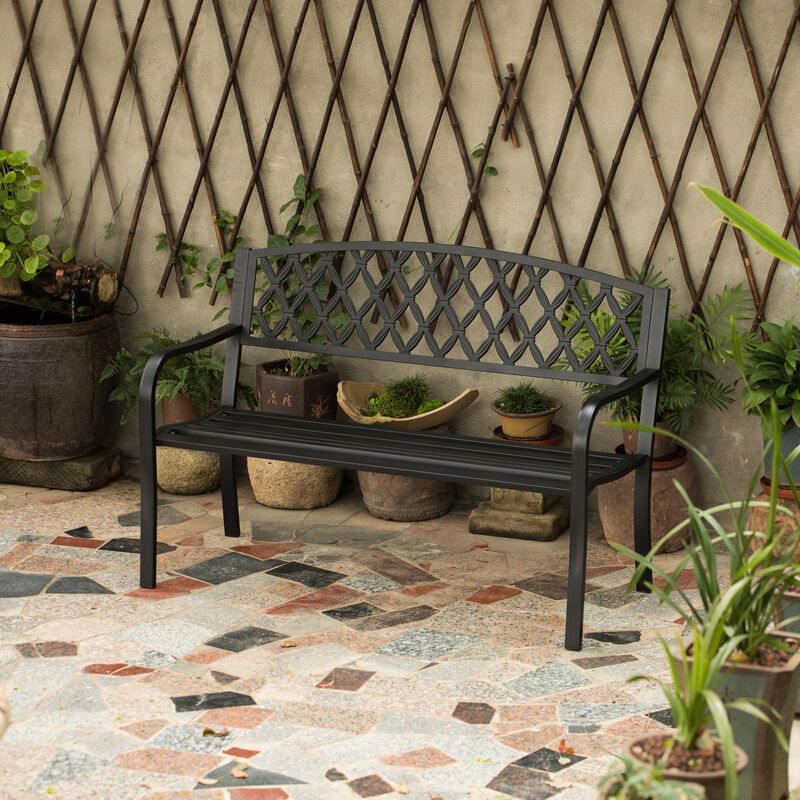 Gardenised Black Outdoor Garden Patio Steel Park Bench Lawn Decor with Cast Iron Back Seating bench, with Backrest and Armrest for Yard, Patio, Garden, Balcony, and Deck
