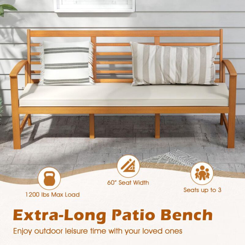 Hivvago Patio 64 Inch Wood Bench with Seat Cushion and Slatted Seat for Backyard-Off White