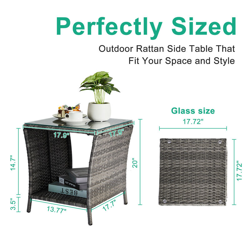 Square Patio Wicker End Table with Glass Top for Porch or Garden