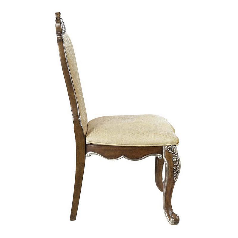 24 Inch Side Dining Chair, Set of 2, Vintage Oak Brown, Beige Chenille - Benzara