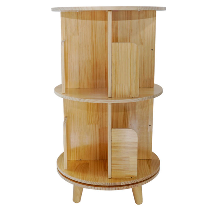 Rotating 2-Layer Bookcase, 360° Pine Wood Bookshelf with Display Rack for Home or Office