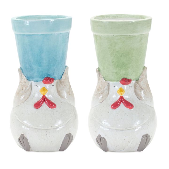 Chicken with Flower Pot for Rustic Farmhouse Décor and Garden Display (Set of 2)