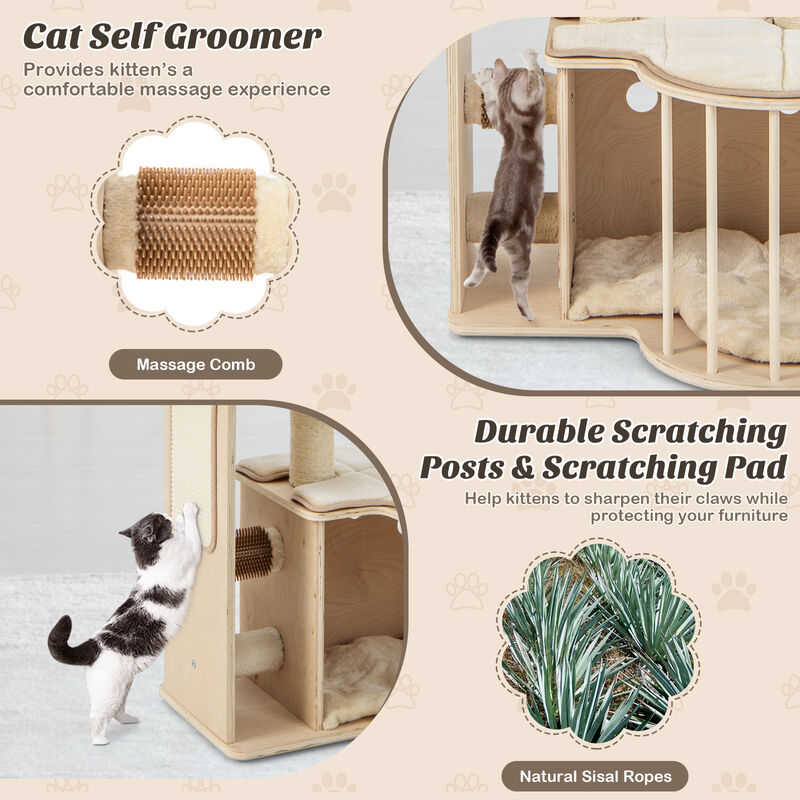 55 Inch Tall Multi-Level Cat Tree with Washable Removable Cushions-Natural