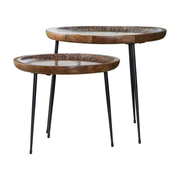 2 Piece Round Nesting Tray Top Table Set, Carved Edges, Motif Design, Brown - Benzara