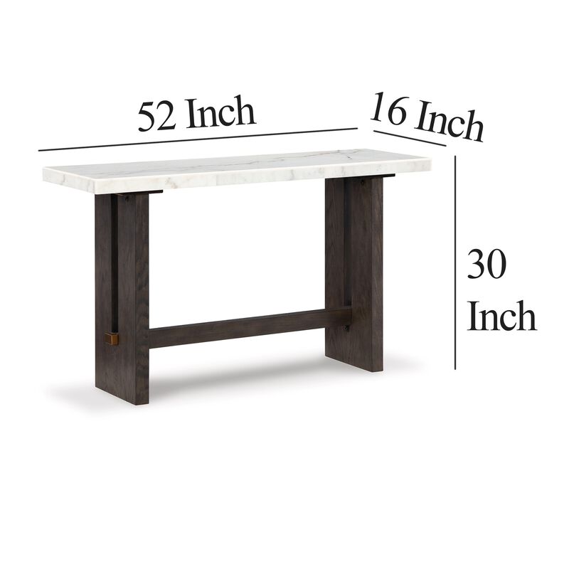 Haus Sofa Console Table, Marble Top, Panel legs, 52 Inch Brown Wood - Benzara
