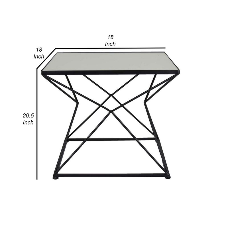 21 Inch Plant Stand Side Table, Mirror Top, Black Geometric Metal Frame - Benzara