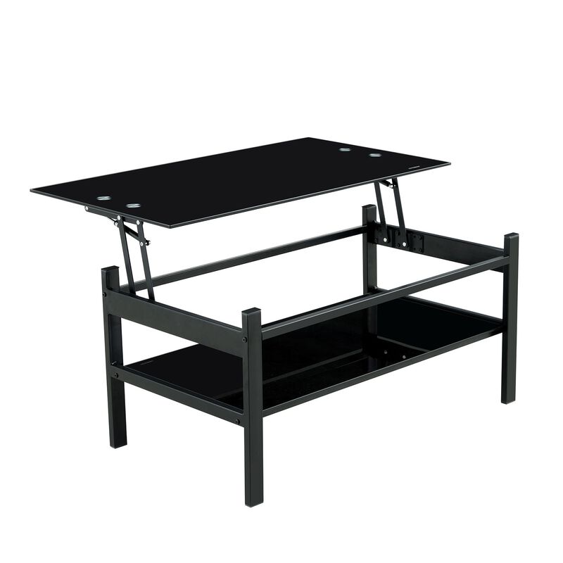 Tempered Glass 2-Layer Lift Top Coffee Table Modern Design Living Room Black