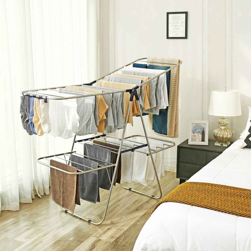 2-Level Clothes Drying Rack, Stainless Steel Laundry Rack with Height-Adjustable Wings
