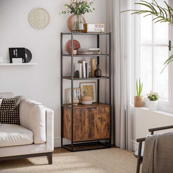 Tall Wooden Rustic 3-Tier Open Space Shelving with Bottom Hutch Storage Unit