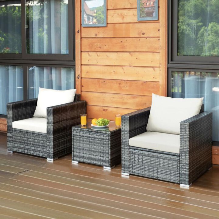 Hivvago 3 Pieces Patio Rattan Furniture Bistro Sofa Set with Cushioned