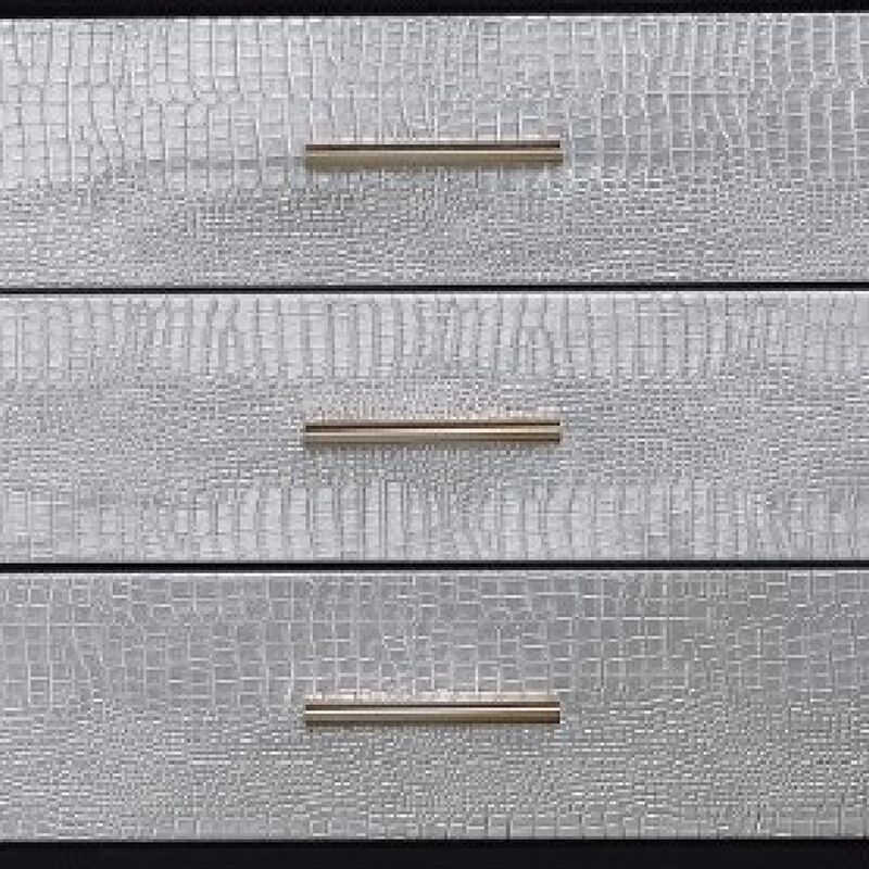 San 19 Inch Glamorous Style Nightstand, 3 Drawers, Black, Silver, Gold-Benzara