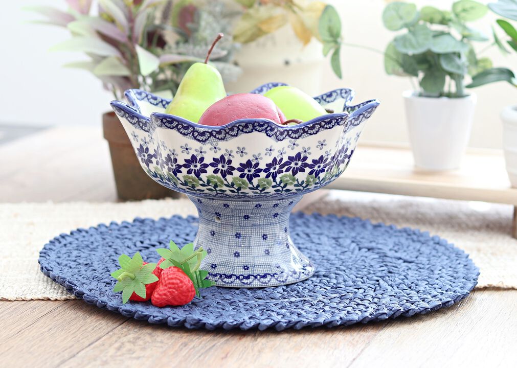Blue Rose Polish Pottery Red Daisy Pedestal Fruit Bowl