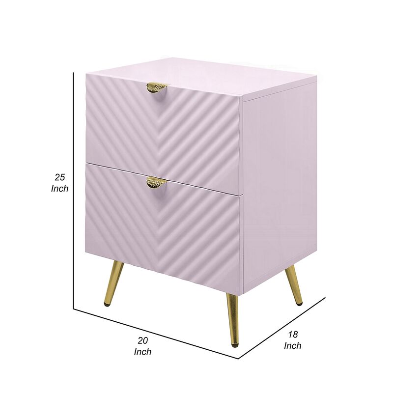 Tyra Nightstand, Geometric 2 Drawers, Gold Metal, 25 Inch Pink Wood - Benzara