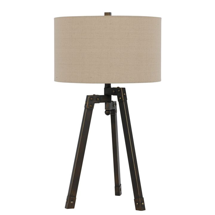 Metal Tripod Base Table Lamp with Fabric Drum Shade, Bronze and Beige-Benzara