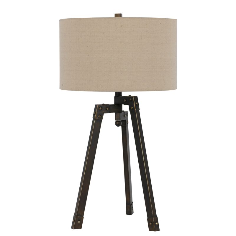 Metal Tripod Base Table Lamp with Fabric Drum Shade, Bronze and Beige-Benzara