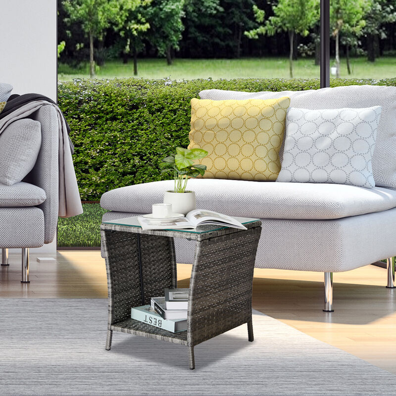 Square Patio Wicker End Table with Glass Top for Porch or Garden