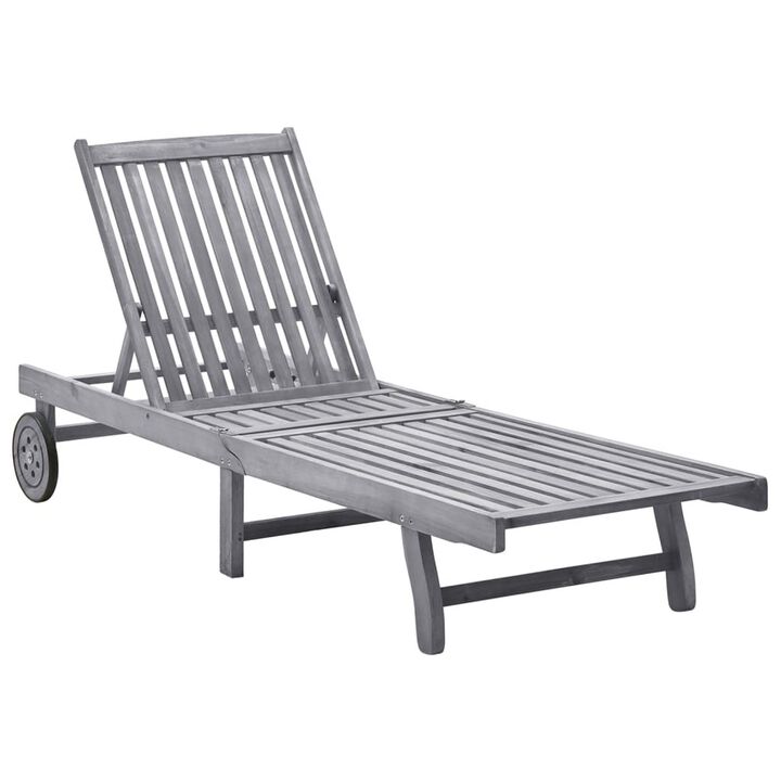 Outdoor Sun Chaise Lounger, Gray Solid Acacia Wood, Casters, 78 Inch - Benzara