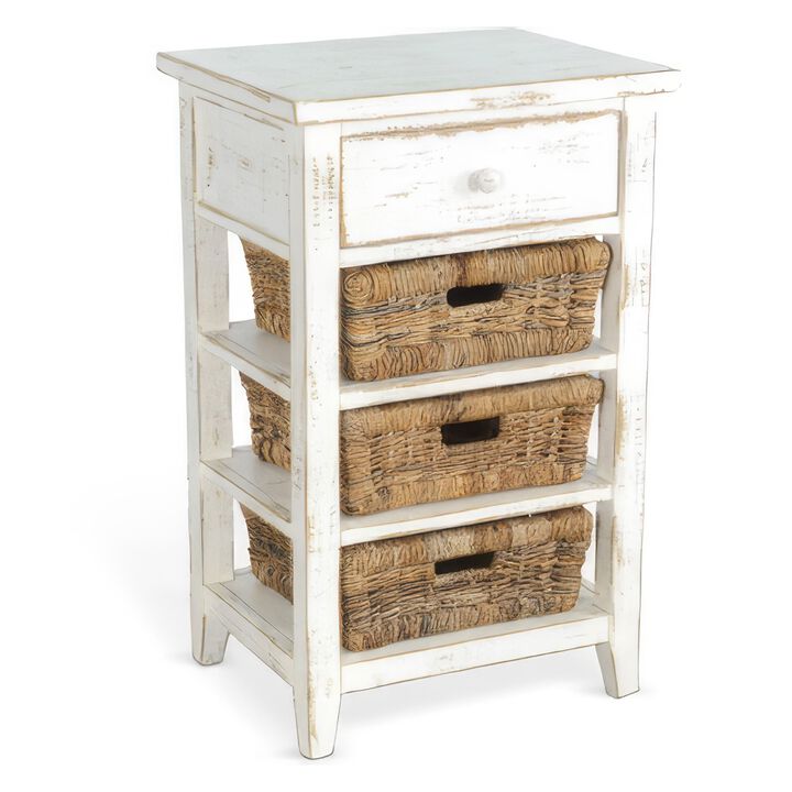 Rena End Table, 3 Natural Rattan Storage Baskets, 20 Inch White Wood - Benzara