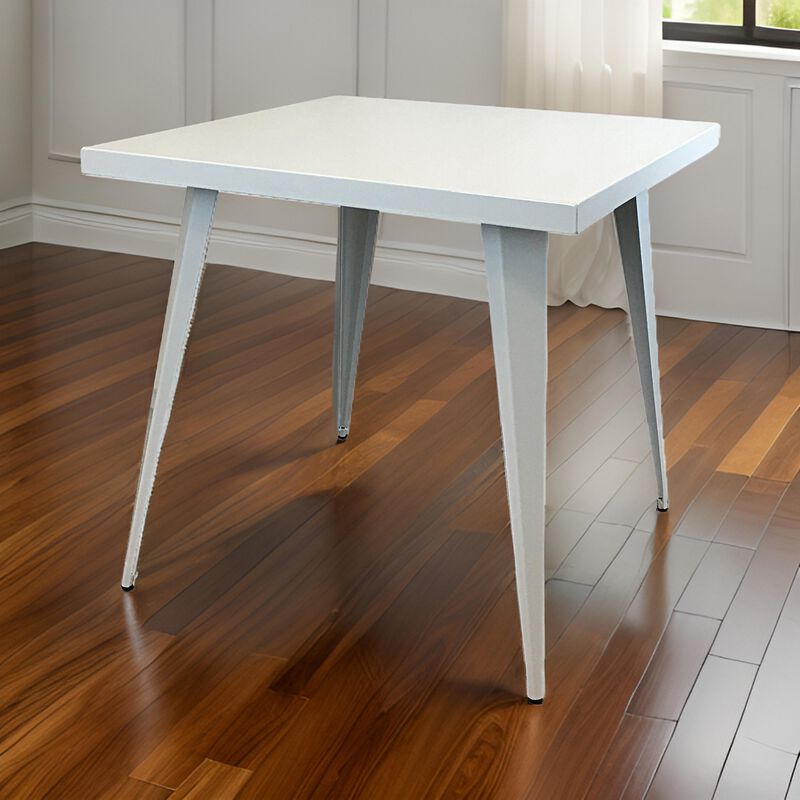 Oran 32 Inch Dining Table, Square Metal Top, Tapered Legs, White Finish - Benzara