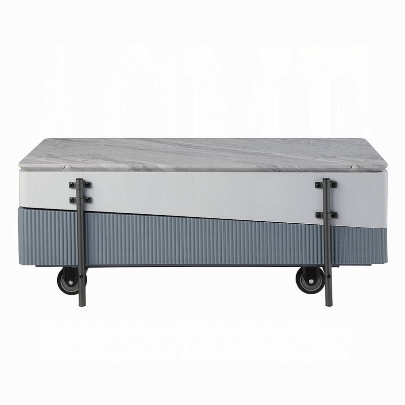 Mindy Coffee Table with Lift Top, 3 Compartments, White Gray 47 Inch - Benzara
