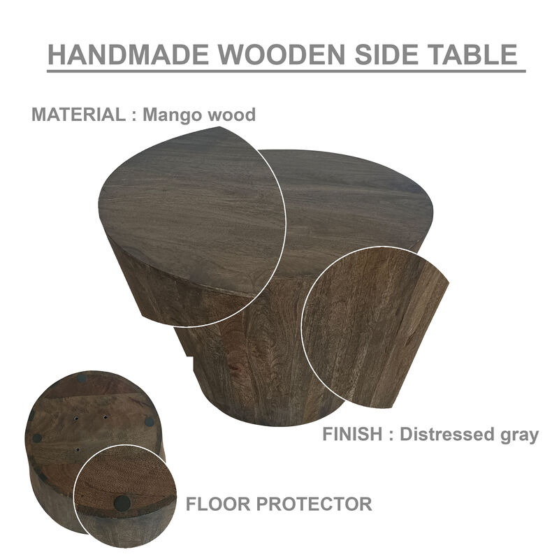 24 Inch Side End Table, Round Drum Shape, Handcrafted Distressed Gray Mango Wood