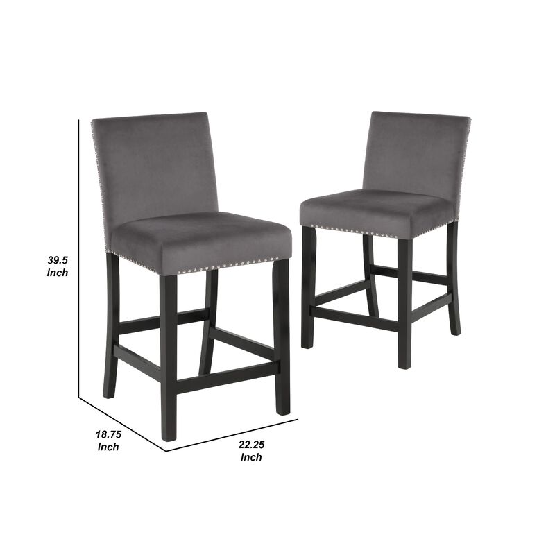 Kate 40 Inch Wooden Counter Height Chair with Velvet Seat, set of 2, Gray