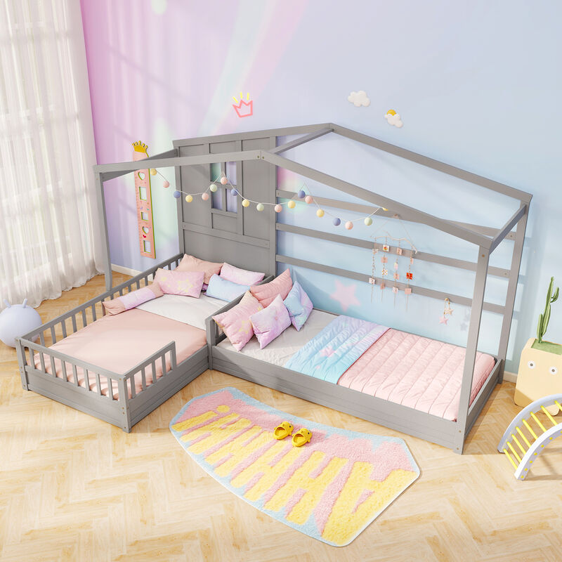 L-shaped Double House Platform Beds with Fences Corner Bed Frame