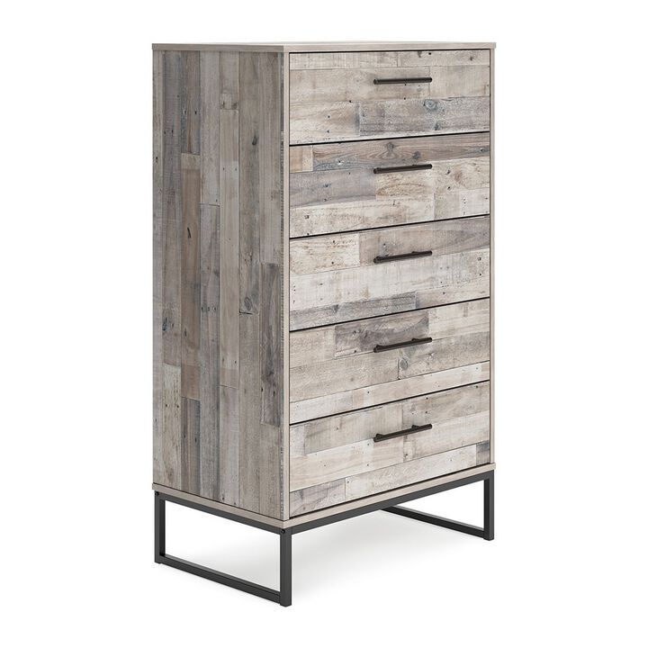 Vyne 51 Inch Tall Dresser Chest, 5 Drawers, White Woodblock, Black Metal-Benzara