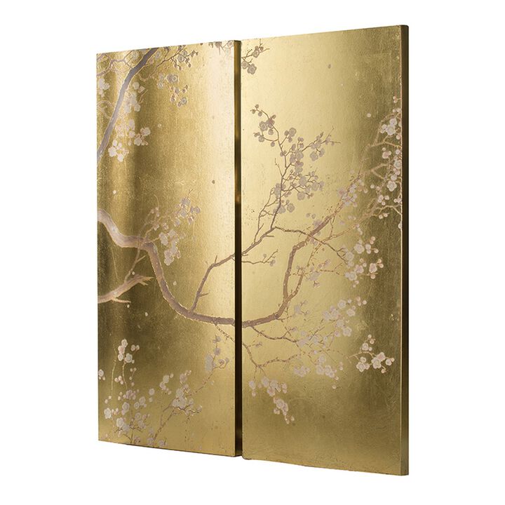 Tim 47 Inch Tall Wall Art Set of 2, Divided Floral Design, Gold, Brown - Benzara