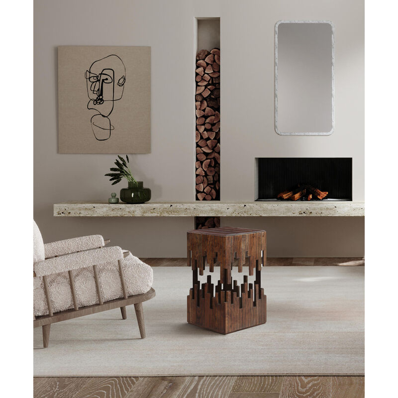 24 Inch Accent Side End Table, Brown Acacia Wood, Slatted Square Top, Handcrafted Abstract Silhouette, Black Iron - Benzara