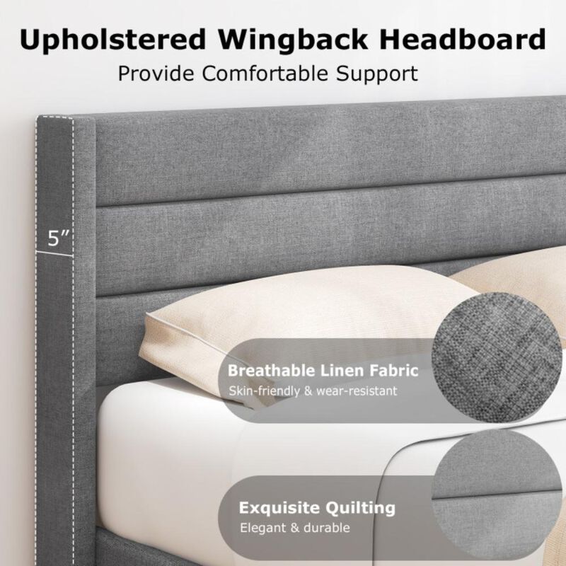 Hivvago Linen Upholstered Platform Bed Frame with Wingback Headboard