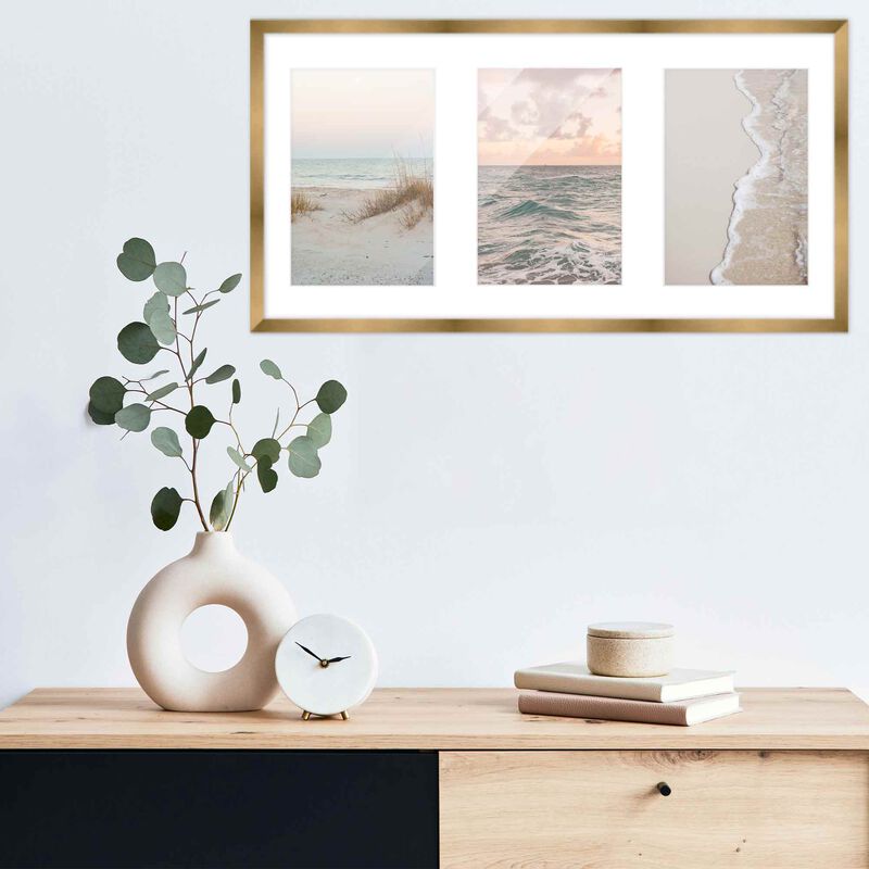 7.5x14.5 Wood Collage Frame with White Mat For 3 4x6 Pictures