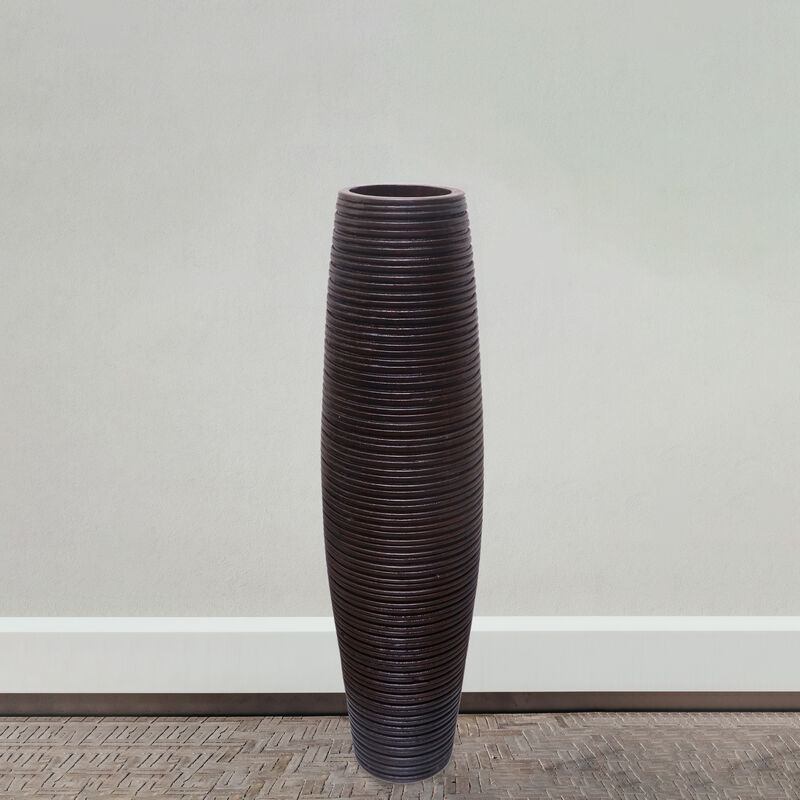 Brown Decorative Contemporary Mango Wood Ribbed Design Round Floor Vase, 31 Inch