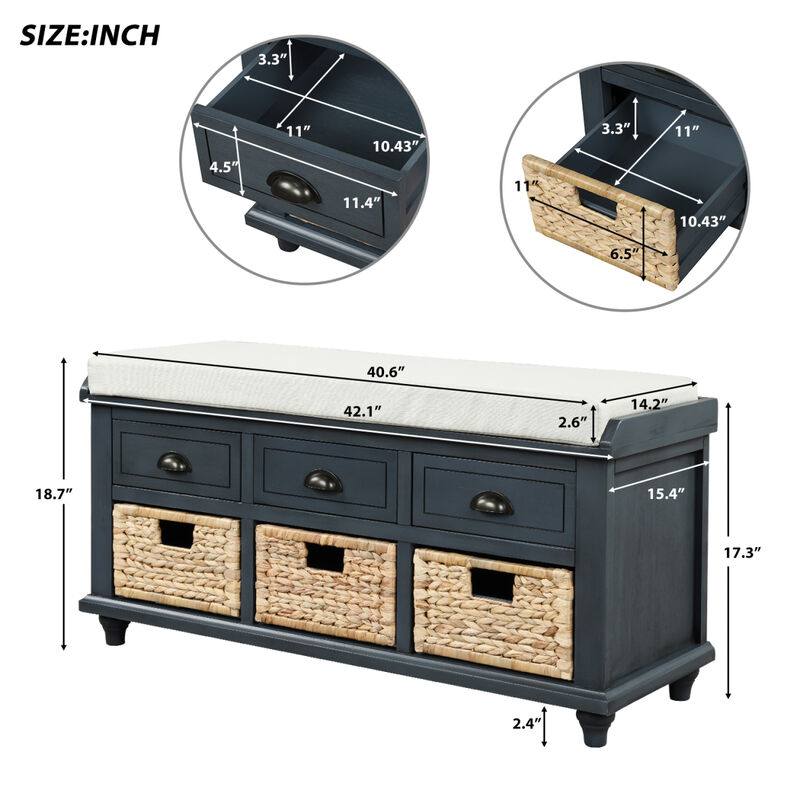 Rustic Storage Bench With 3 Drawers And 3 Rattan Baskets, Shoe Bench For Living Room