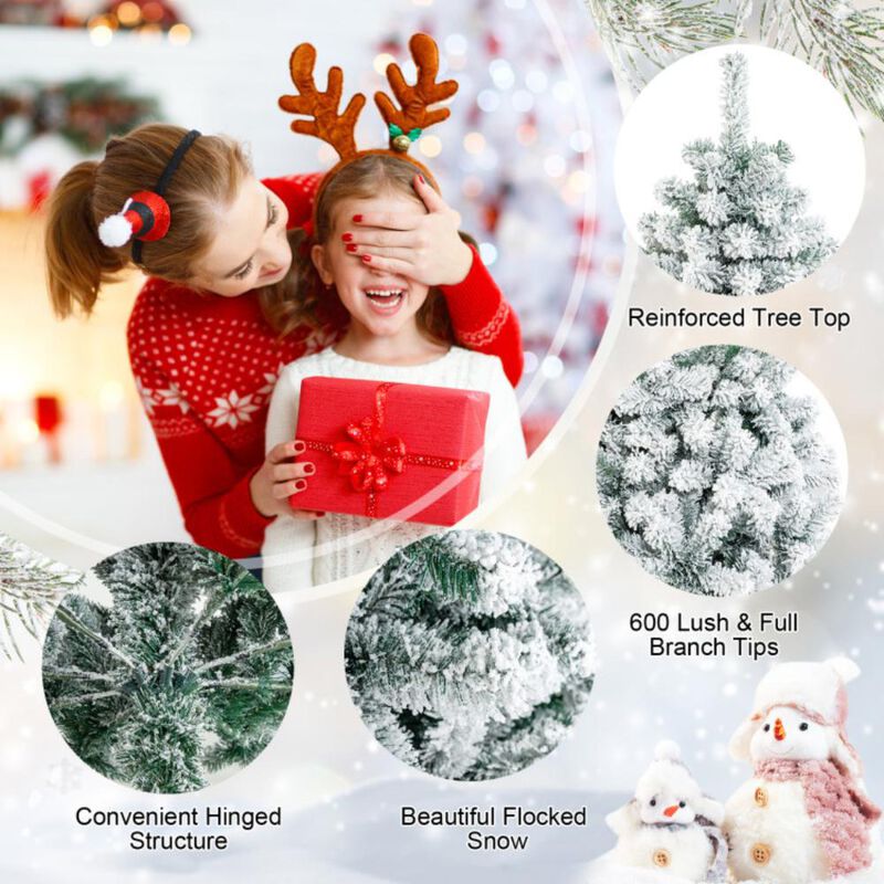 Hivvago 6/7.5/9 Feet Artificial Snow Flocked Hinged Christmas Tree with Metal Stand