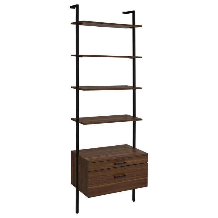 Wens Wall Mounted Bookcase Unit, 4 Shelves, 2 Drawers, Black Brown - Benzara