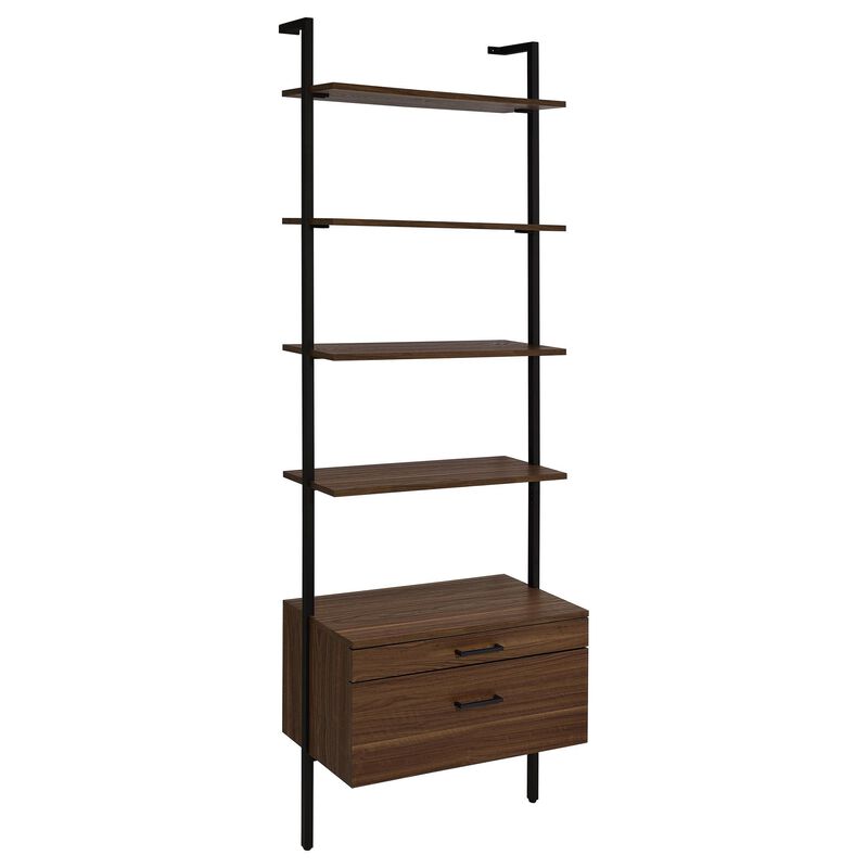 Wens Wall Mounted Bookcase Unit, 4 Shelves, 2 Drawers, Black Brown - Benzara