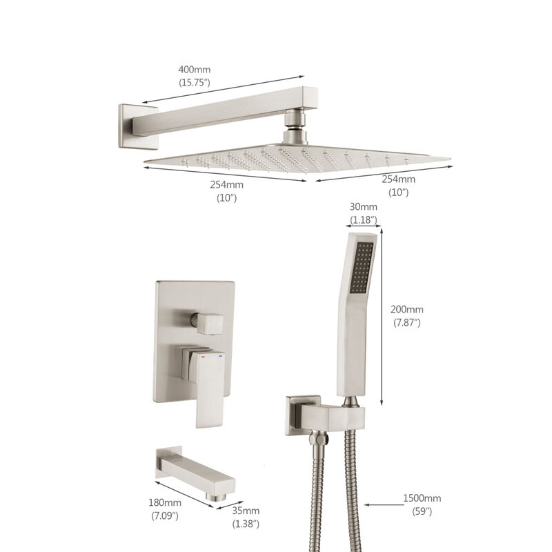Brushed Nickel Shower System 10 Inch Brass Bathroom Deluxe Rain Mixed Shower Combination Set