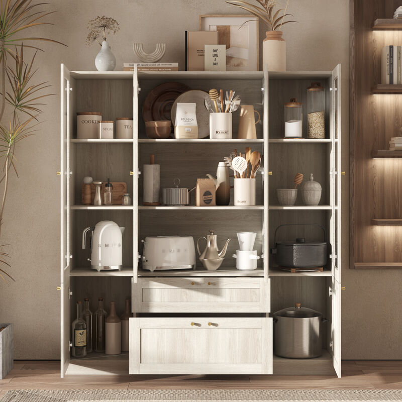 FUFU&GAGA Modern Wood Grain Food Pantry Cabinet with Adjustable Shelves and Lockable Drawers (63" W x 70.9" H x 15.7" D), Elegant Glass Doors and Brass Pull Handles