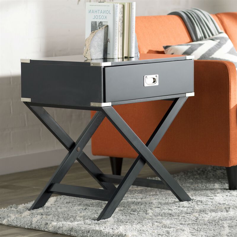Hivvago Dark Grey Black 1-Drawer End Table Nightstand with Modern Classic X Style Legs