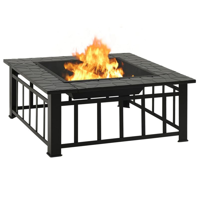 Outdoor Fire Pit with Poker and Mesh Cover, 32 Inch Black Steel Frame - Benzara