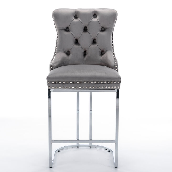 Modern Gray Velvet Bar Stools Set Of 2