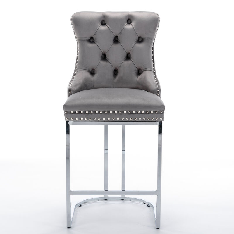 Modern Gray Velvet Bar Stools Set Of 2
