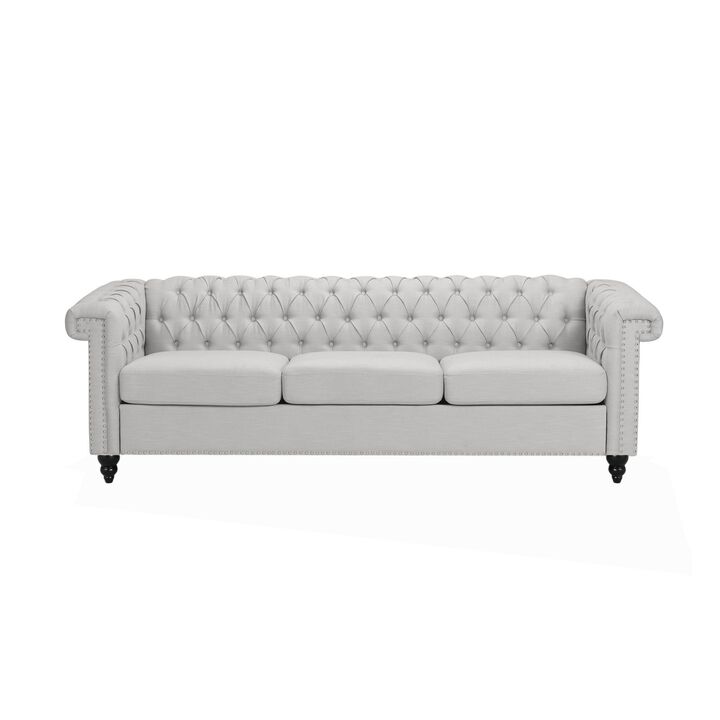 Sofa, 3 Seater, Button Tufted Gray Fabric, 83 Inch, Flared Rolled Arms - Benzara