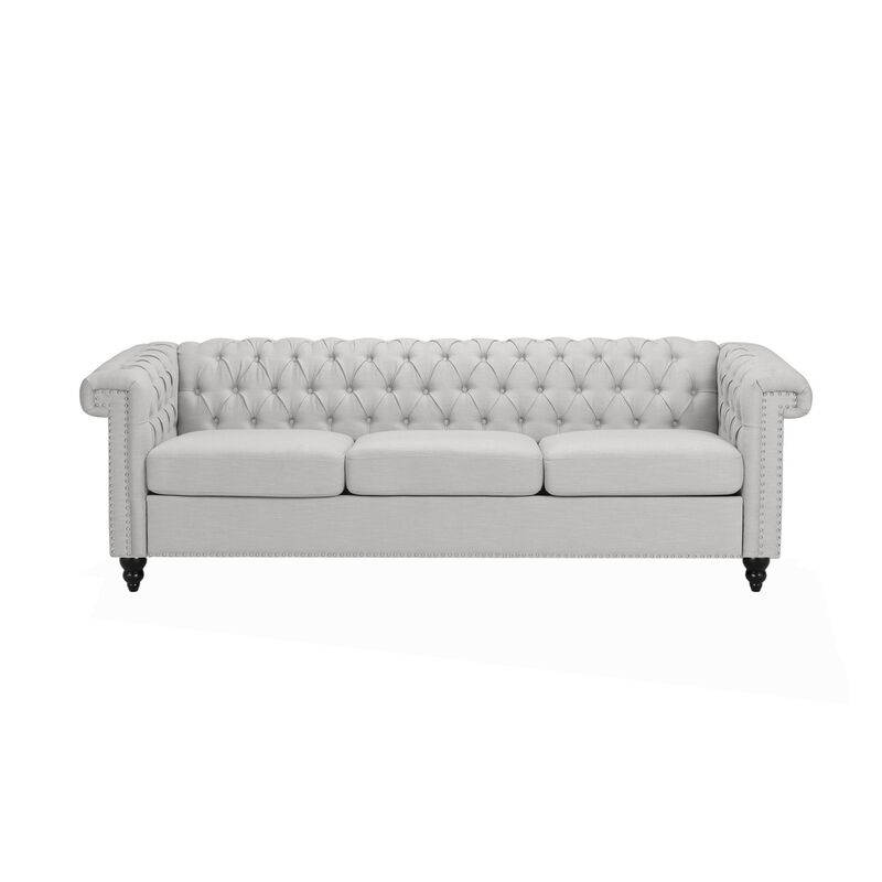 Sofa, 3 Seater, Button Tufted Gray Fabric, 83 Inch, Flared Rolled Arms - Benzara