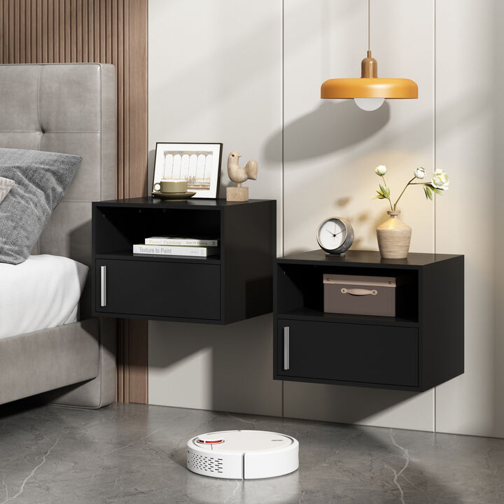 JAXPETY Set of 2 Wall Mounted Nightstand, Wood Floating Bedside Table with Storage Open Shelf, End Table Cabinet for Bedroom Living Room, Black