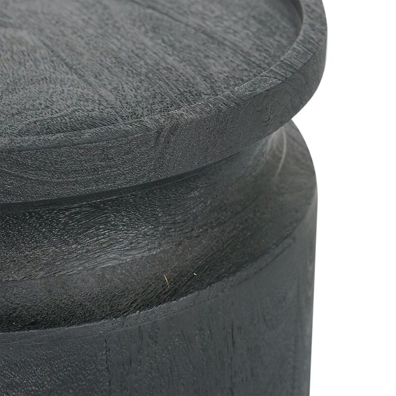 16 Inch Side End Table, Modern Cylinder Jar Like Design, Mango Wood, Black - Benzara