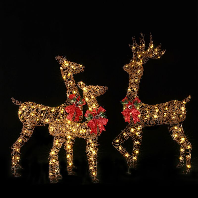 LuxenHome 3-Piece Rattan and Iron Deer Family Outdoor Holiday Decoration with Lights